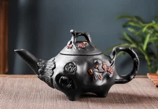 Chinese Delicate Black Long Mouth Plum Blossom Teapot Yixing Purple Clay Decor
