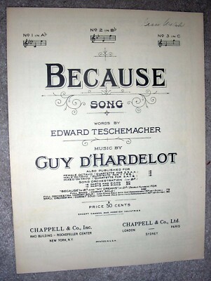 1902 BECAUSE Vintage Sheet Music by d'Hardelot, Teschemacher MED VOICE Key of Bb