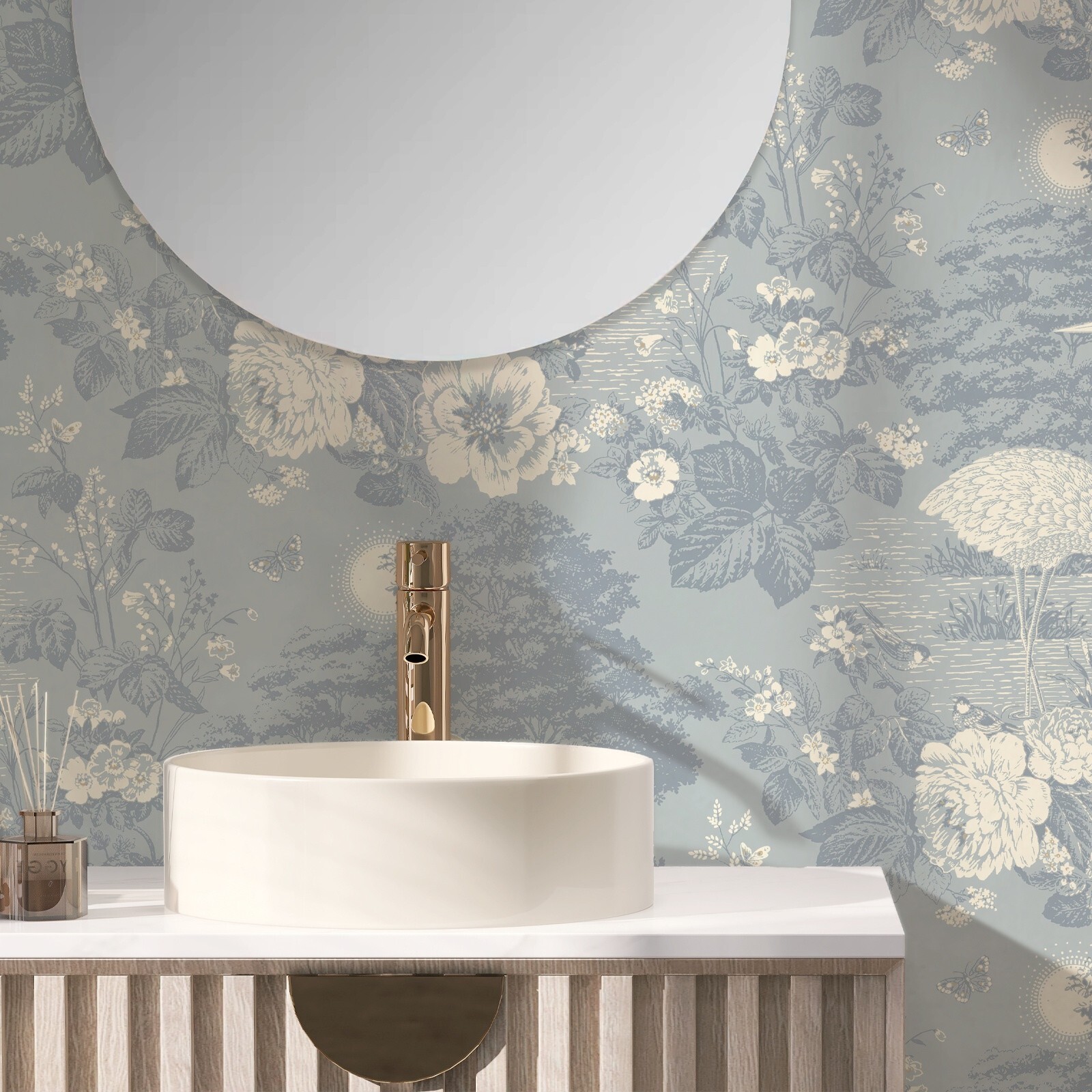 Light Blue Cranes Wallpaper Metallic Gold White Trees Floral Leaf Birds Bedroom