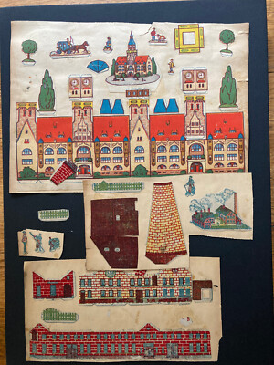 Altes Papierspielset auf Schrottseiten Fabriken Mühlen Arbeiter Schornsteine Stadtszene