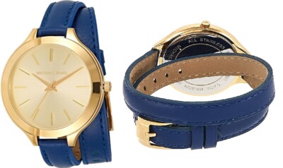 MICHAEL KORS WRAP AROUND NAVY BLUE LEATHER SLIM ROUND GOLD  display picture 1