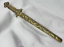 Vtg Letter Opener Brass Paper Knife W/ Sheath Made In China Symbols In Relief