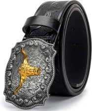 Men-Women-Western-Cowboy-Belt PU-Leather Floral Engraved-Bull-Buckle-Belts for