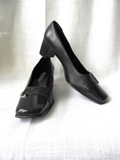 1980's Navy Blue Patent Leather Pumps Etienne Aigner Square Toe Block Heel 8 1/