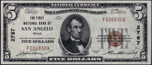 USPC FR#1800-1 1929 TYPE 1 $5 NBN SAN ANGELO, TX PMG 45 EF ((RARE & DESIRED)) - Picture 4 of 5