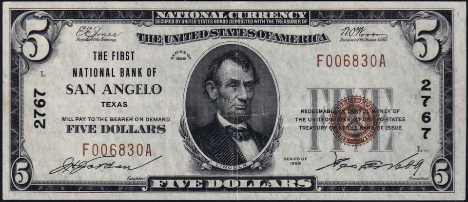 USPC FR#1800-1 1929 TYPE 1 $5 NBN SAN ANGELO, TX PMG 45 EF ((RARE & DESIRED)) - Image 4 of 4