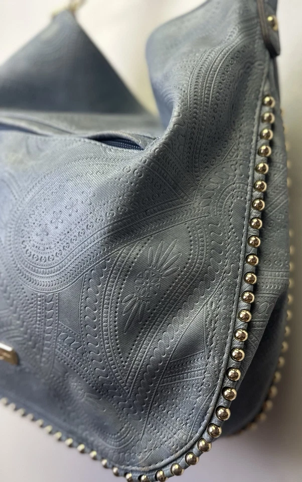 Jessica Simpson Tooled Studded Hobo Bag Blue Purse Handbag Metal Hardware - Image 4 of 4
