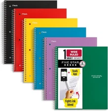 Five Star Spiral Notebook + Study App, 6 6 count (Pack of 1), Assorted Colors 