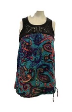 Vintage Women's Large Crochet Tank Top Shirt Paisley Drawstring Bead Hem Boho