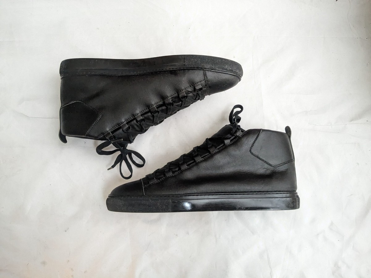 Balenciaga Arena Men 14 47 Black Canvas Leather High Top Sneakers