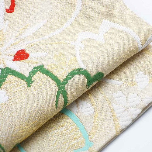[Women] [Silk] [450cm] [Good Condition] Gold Sakura Fukuro Obi - Picture 7 of 12