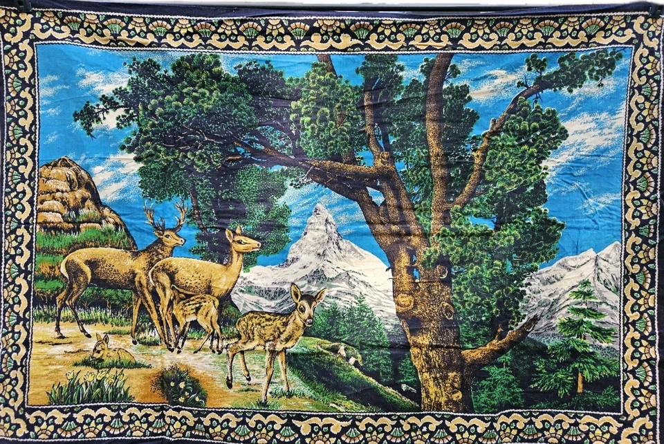 Vintage Velvet Deer Buck Doe Family Tapestry Wall Hanging woodlands camp rustic - Image 2 of 3
