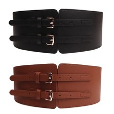 Women Retro Double Buckle Faux Leather Stretch Belt Corset Dress Coat Waistband