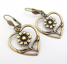 Heart Flower Earrings Valentine Love Gift for Girl Friend Antiqued Brass
