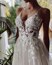 Sexy Summer Beaded Lace Wedding Dress Wedding Custom Made 32-48 Thin Straps