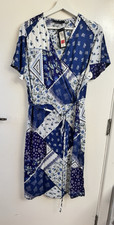 M&S Collection Blue/White Floral Patchwork Wrap Midi V-Neck Dress Size 18