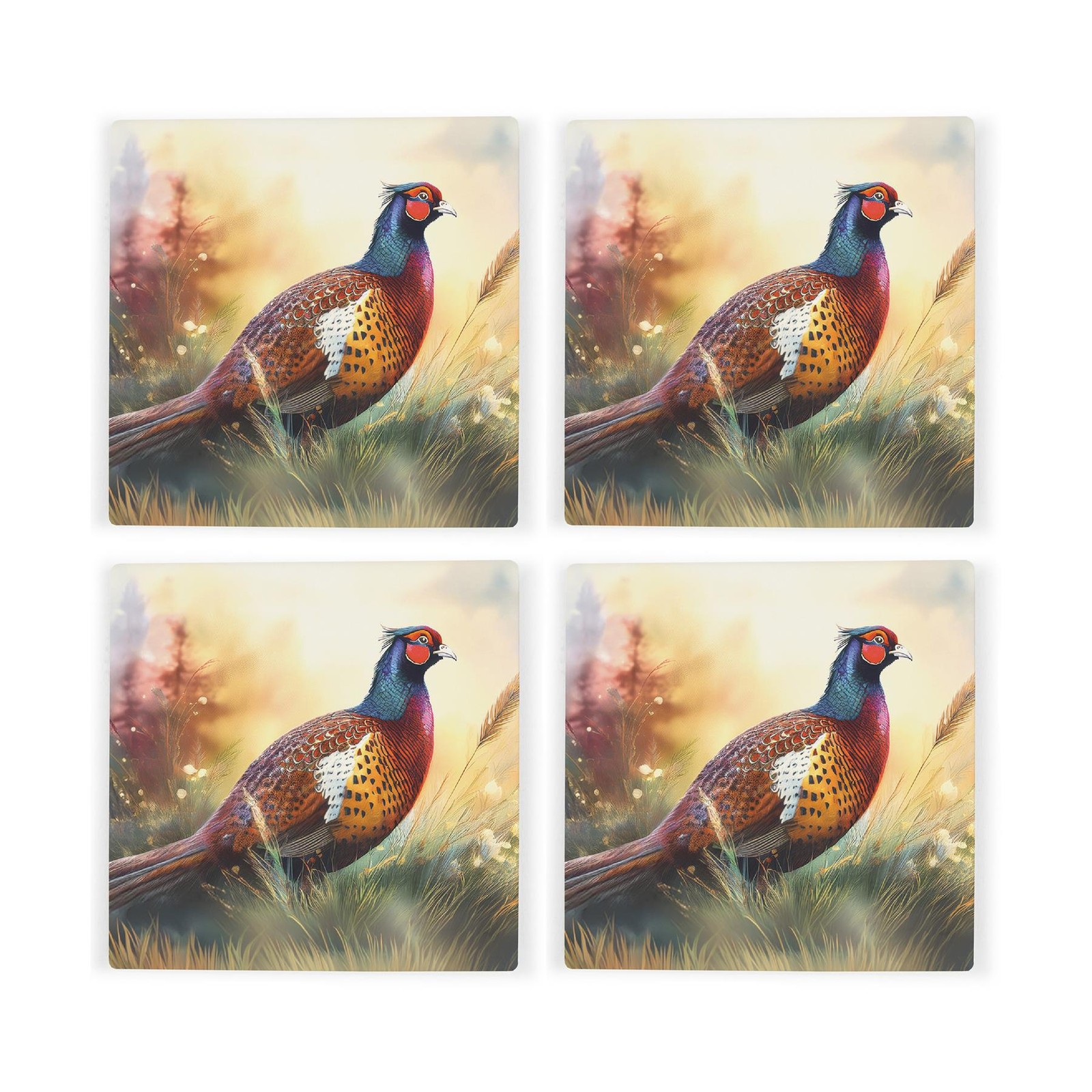 Pheasant Square Coaster Set - 4x Ceramic Drinks Coasters Animal Lover Gift