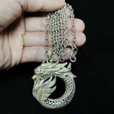 2.4 Inch Chinese Tibet Silver Carving Dragon Necklace Pendant Old Collection