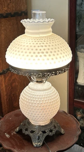 Vintage Hobnail Milk Glass Double Lamp Hurricane Parlor Gone With The Wind 20”