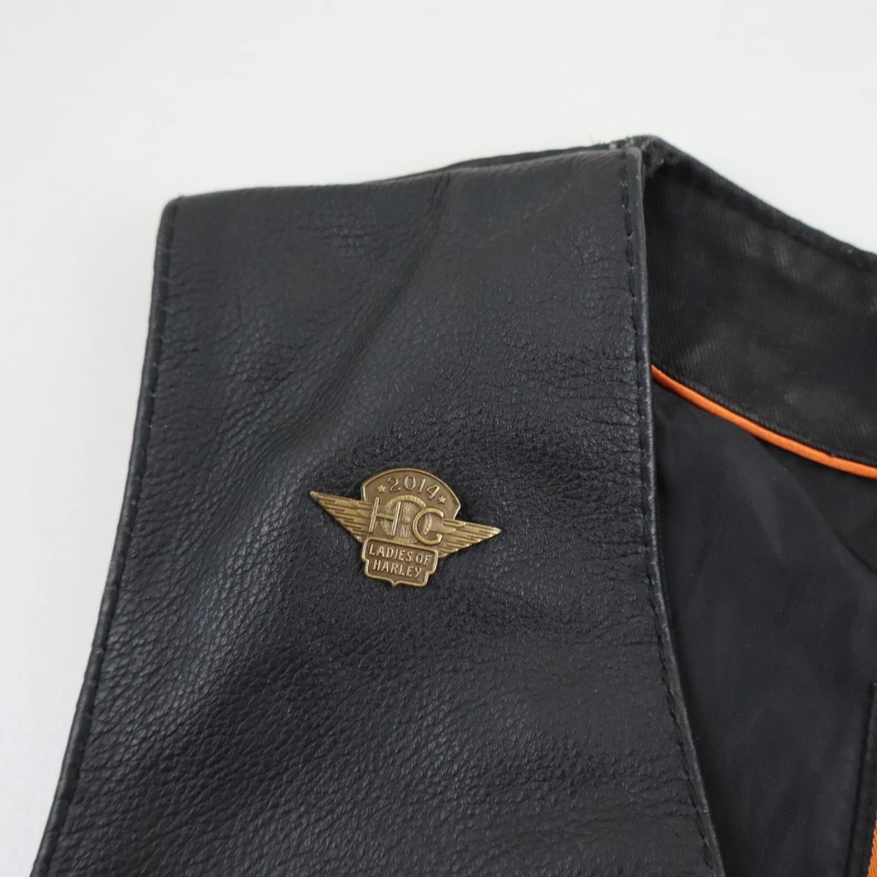 Vtg Leather Biker Vest Womens L Laced Sides Patches Jack Daniels Harley HOG Pin - Image 4 of 4