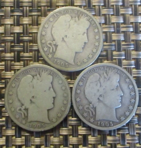 Barber liberty head half dollars 1905 P,O,S all three coins.