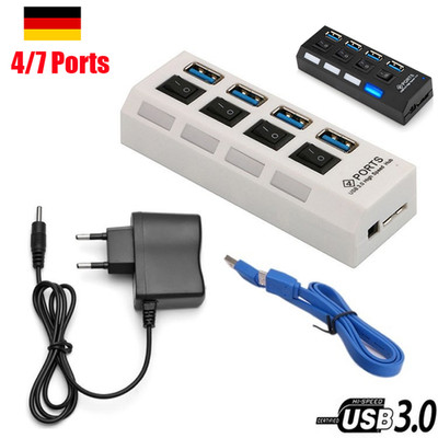 USB 3.0 Hub 4/7 Port Splitter Adapter Verteiler mit Netzteil Schalter PC Laptop