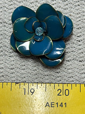 Vintage Blue Enamel Layered Flower Brooch Rhinestone Center Statement Pin