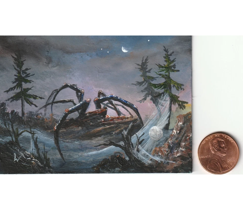ACEO original miniature Forbidden Forest 1303 spider monster painting Woodruff - Image 2 of 3