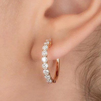 Round Cut GH/SI Natural Diamond Women's Hoops Earrings 14k Yellow Gold
