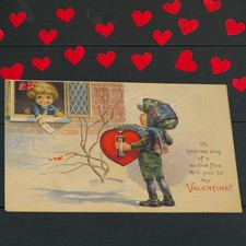 1920s Valentine Postcard Boy Playing  Accordian to a Girl  Series 1404B