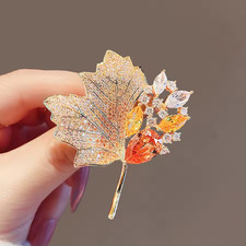 Luxury Maple Leaf Brooch Orange Crystal Rhinestone Gold Fall Pin Jewelry Gift US