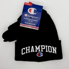 Champion Beanie Hat and Gloves Set Black Unisex NEW Embroidered