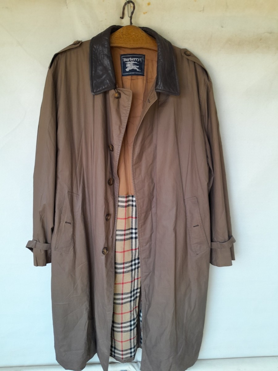 Vintage Burberry Trench Coat Mens XL Brown Cotton Leather Collar