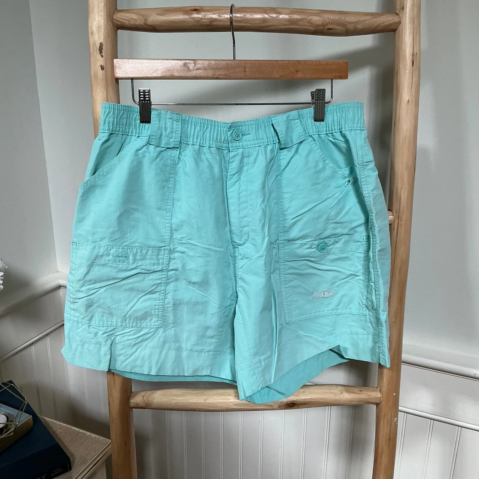 AFTCO Mens Fishing Shorts Size 36 Mint Green Aqua Nylon Cargo Quick Dry Utility