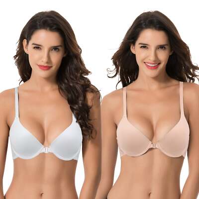 Women's Plus Size Full Coverage Underwire Front Close Bras-2PK-PEACH,WHITE