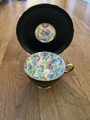 Shelley Matte Black Summer Glory Teacup And Saucer - Picture 2 of 17