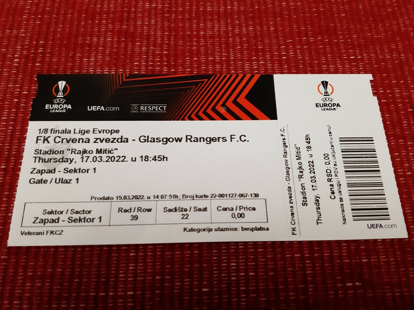 Red Star Belgrade Glasgow Rangers 2022 Europa League 1/8 final MINT eBay