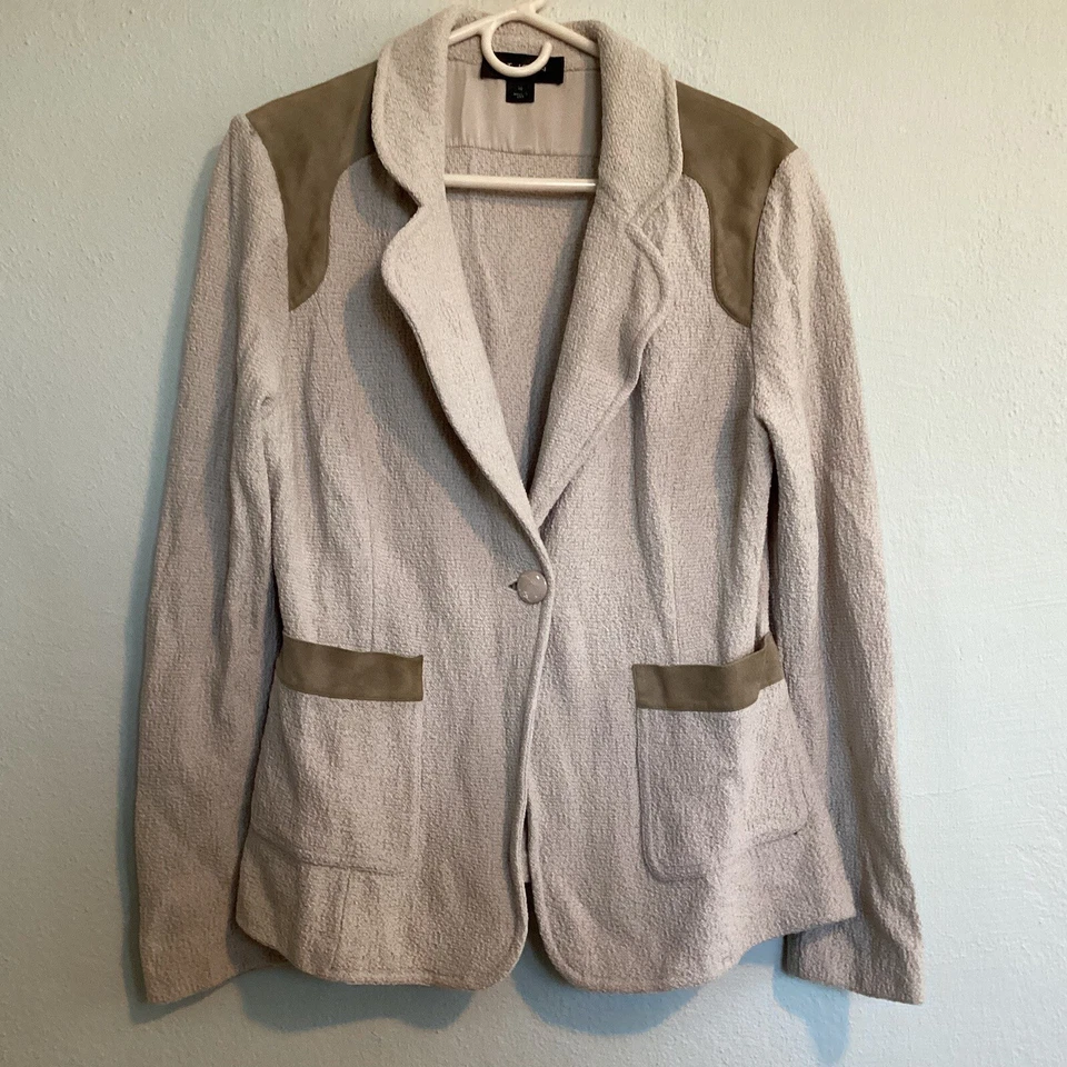 Jaqueta de malha St. John blazer 10 bege botão sólido manga longa acabamento de couro falha - Imagem 3 de 4