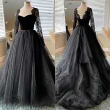 Gothic Black Wedding Dresses Boat Neck Long Sleeved Lace Appliques Bridal Gowns