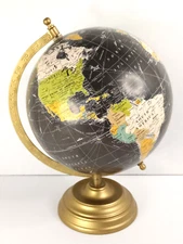 8" DESIGNCO DESKTOP WORLD GLOBE Rotating Spinning Black Globe Gold Base & Stand