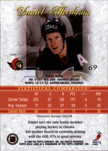 1998-99 Topps Gold Label Class 1 Senators Hockey Card #69 Daniel Alfredsson - Picture 2 of 2