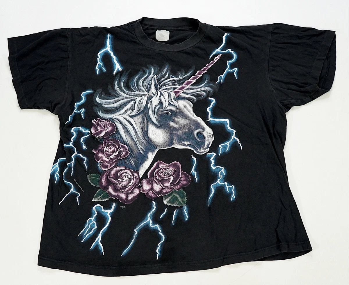 Rare VTG CARIBBEAN DREAM American Thunder Unicorn Lightning Roses T Shirt 90s XL