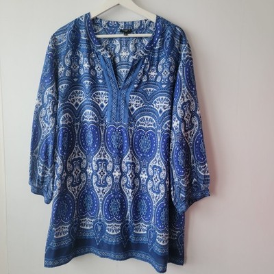 Talbots women's paisley Print Top size 2X V-neckline 3/4 sleeves boho blue