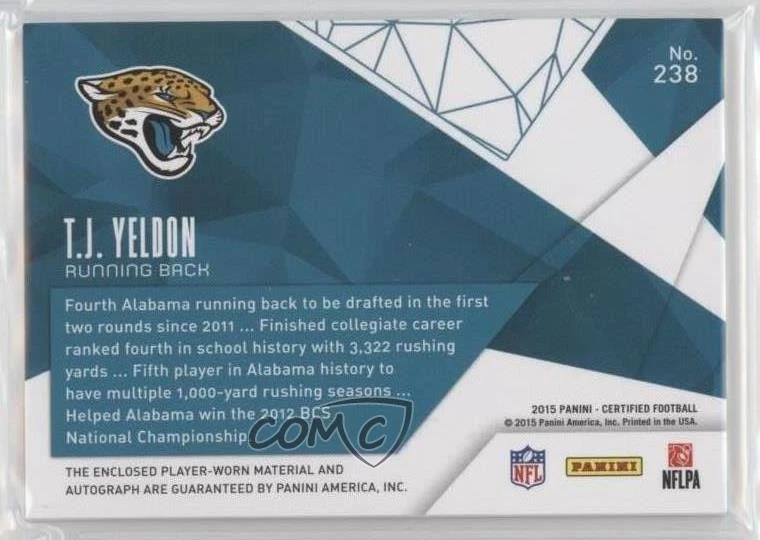 2015 Certified Freshman Fabric Mirror Blue /25 TJ Yeldon #238 Rookie Auto RC - Image 2 of 2