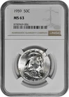 1959 50C Silver Franklin Half Dollar NGC Graded MS 63 in New Holder