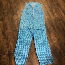 Vintage 1970s Teal Polka Dot Zippered Sleeveless Wide Leg Pant Suit XXL