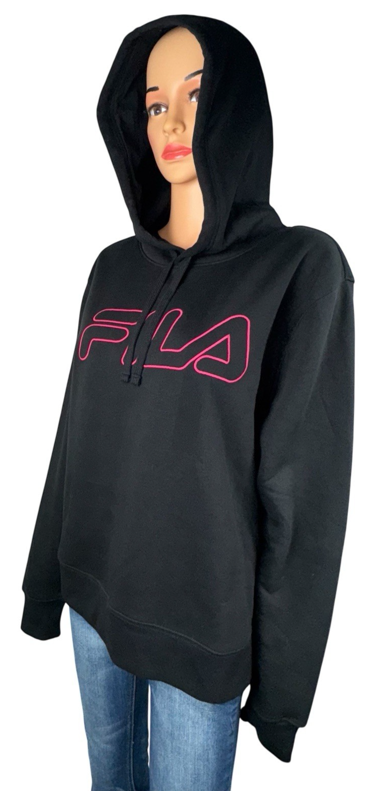 Felpa donna Fila nera con cappuccio rosa logo pullover manica lunga taglia large