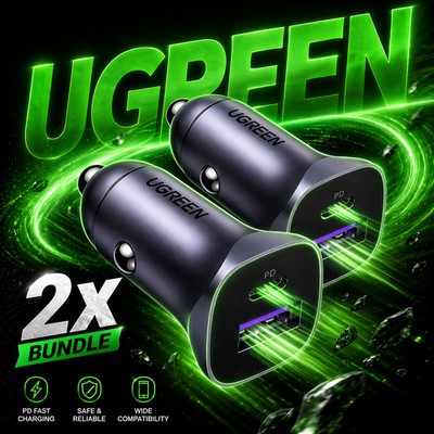 x2 UGREEN 30W USB C Car Charger Fast Charge 4.0 Dual Port Adapter 12V BUNDLE