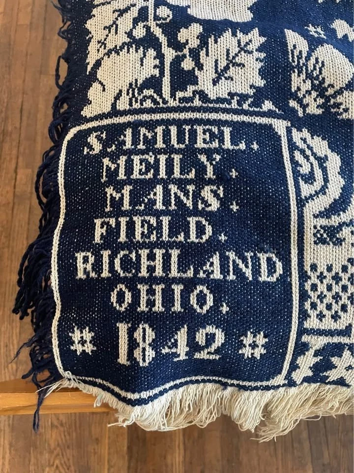 Samuel Meily, 1842, Mansfield, Ohio, Blue & White Coverlet, 78" Long x 69" Wide - Image 3 of 4