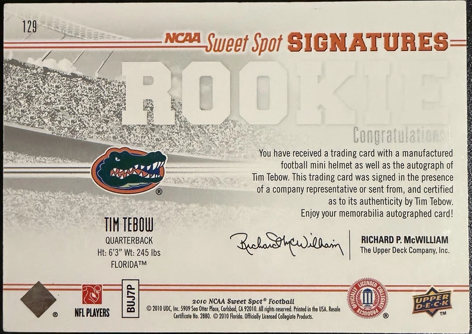 TIM TEBOW 2010 Upper Deck Sweet Spot Signatures AUTOGRAPH 6/50 Gators Logo - Image 2 of 2
